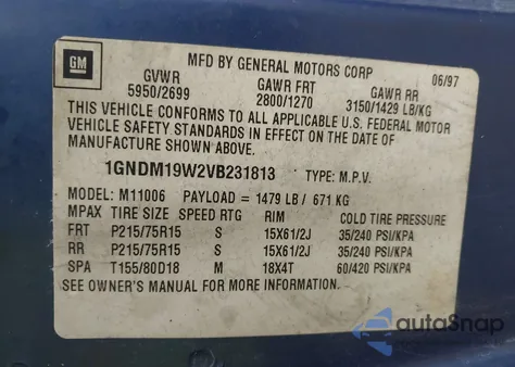 1997 Chevrolet Astro Ls Cmi from USA, damaged, VIN 1GNDM19W2VB231813